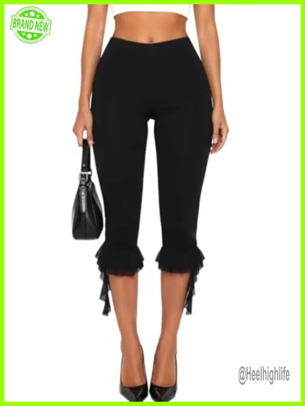 Women's High Stretch Cotton Blend Y2K Capri Leggings with Ruffled Hem